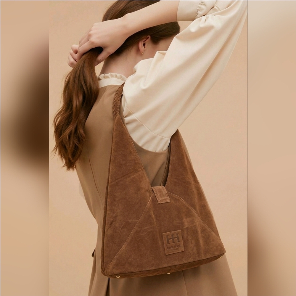 Haute Hippie Camel Brown Triangle Hobo Bag 100% Genuine Suede Leather - Picture 5 of 7